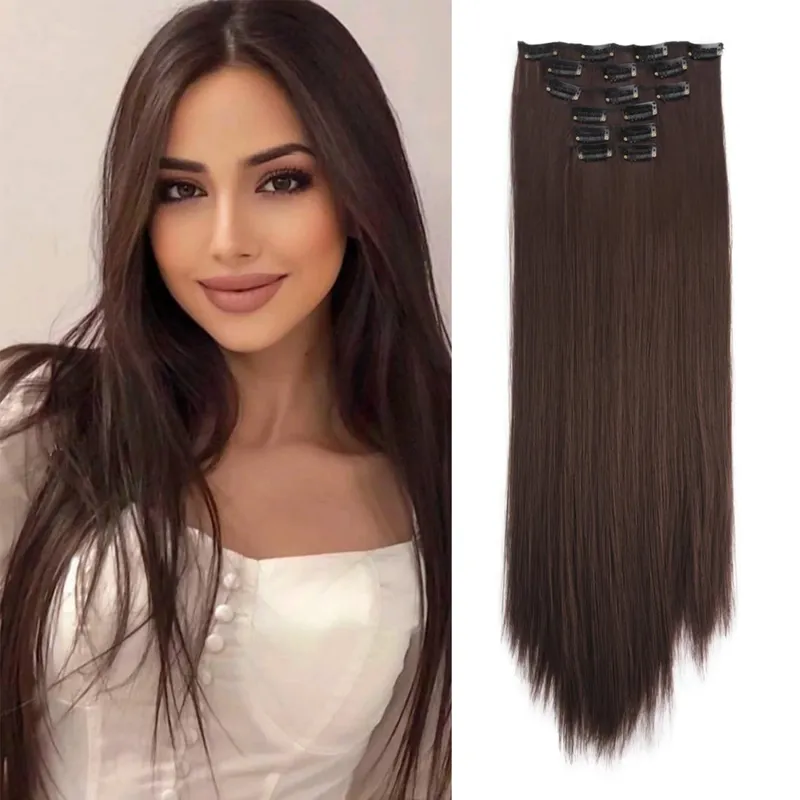 Synthetic Clip In Hair Extensions 6PCS Hair Extensions 24 Inch Long Straight 16 Clip On Hairpieces For Women Girls