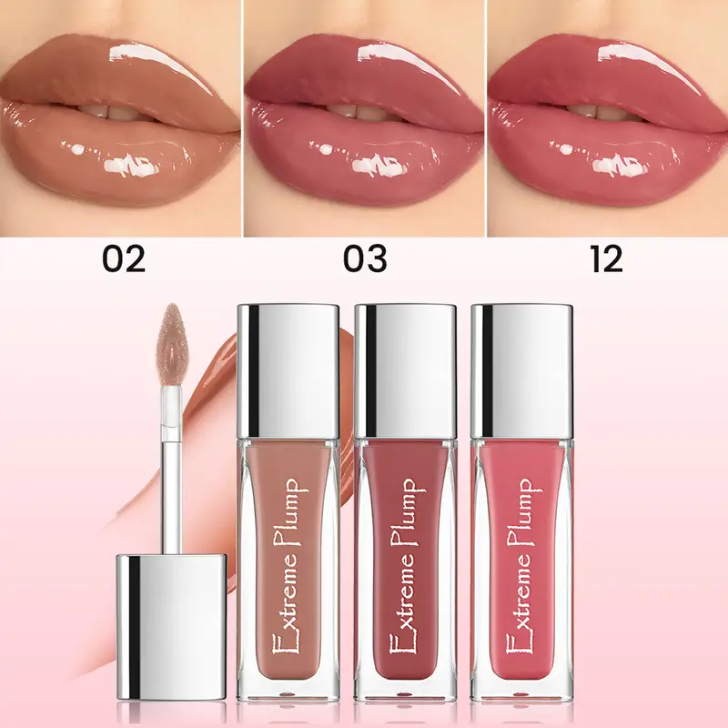 3 db Extreme Plump ajakfény szett Mirror Glass Finish Hosszan tartó hidratáló ajakmáz Nem ragadós vízálló Nude folyékony rúzs