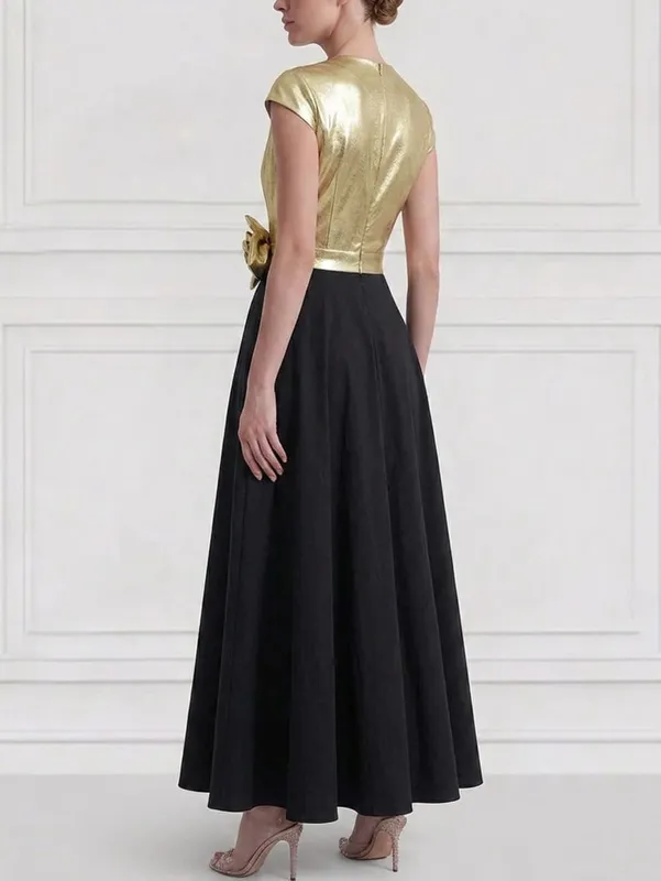 Women's Cap Sleeve V Neck Wrap Maxi Dress Contrast Splicing Floral Applique Detail A Line Pleated Long Dress Elegant Formal Evening Outfit — image 3