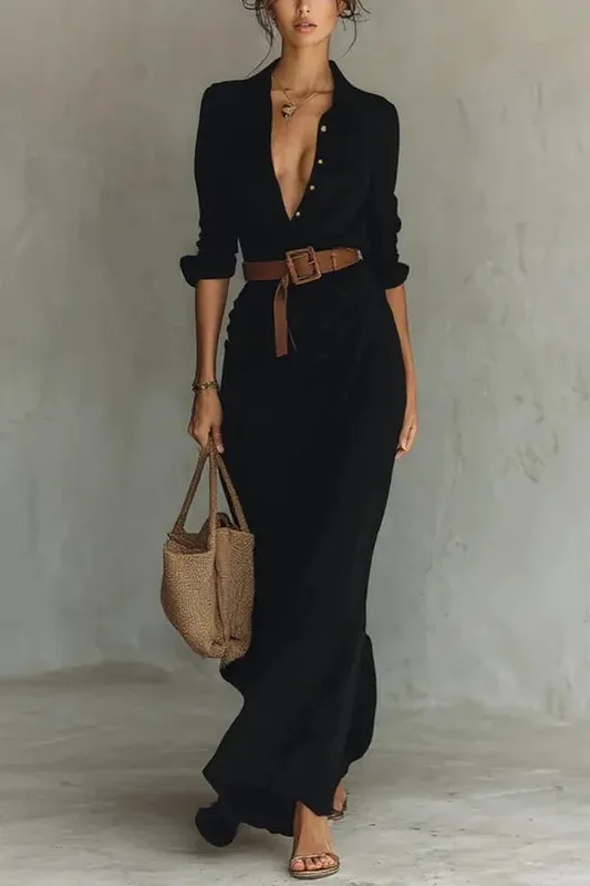 Damesmode effen vakantie feestjurk elegante revers knoop gedrapeerde lange jurk casual lange mouw match met riem shirtjurk — image 8