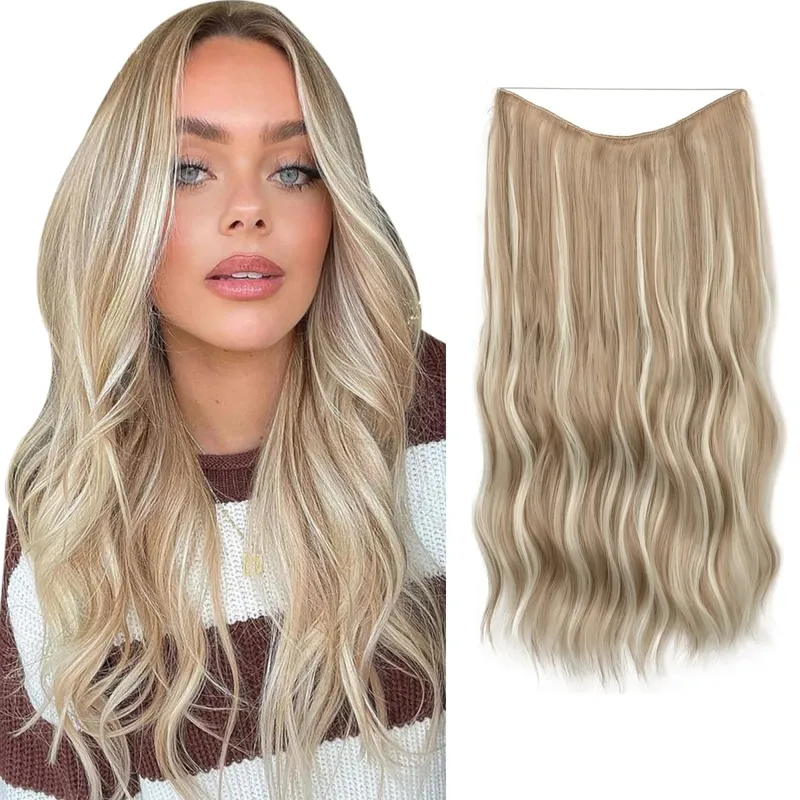 Synthetic Wave Invisible Clip in Hair Extensions Fish Line Ombre Natural Blonde One Piece Hairpiece Fake Hair Piece