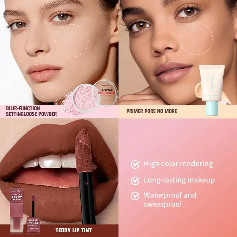 4pcs/set Pore No More Primer + Lip Tint + Loose Setting Powder Makeup Set Matte Long-Lasting Waterproof Effect Travel Portable