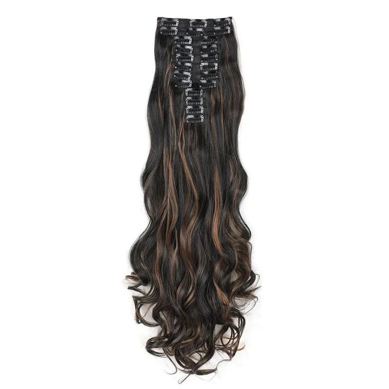 12pcs Highlight Balayage Dark Brown Hairpieces Clip in Hair Extensions 24inch Light Brown&Honey Blonde Synthetic Wavy Hair — image 8