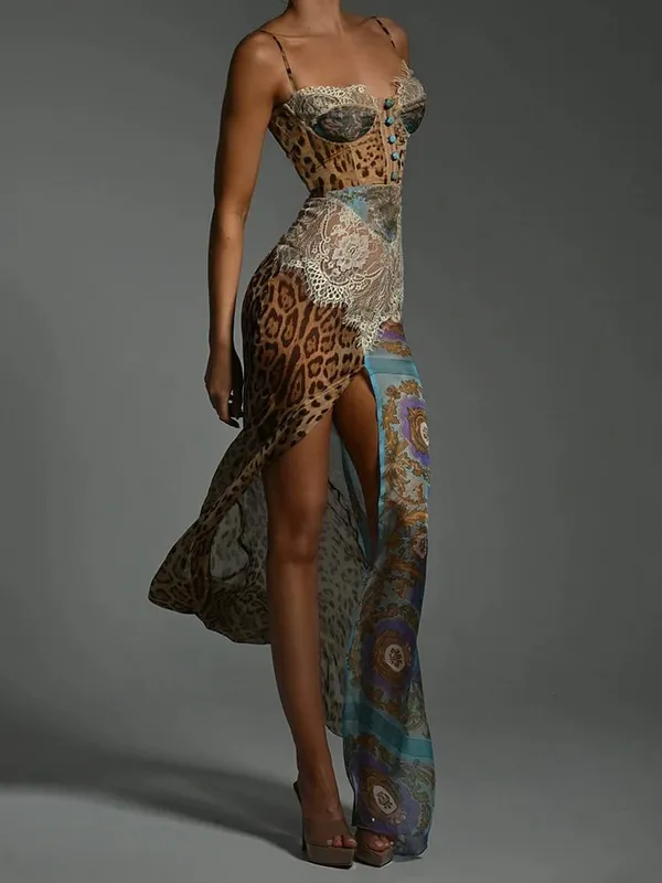 Mozision Leopard Print Lace Split Sexy Maxi Dress Women Gown Elegant Patchwork Chiffon Sleeveless Backless Beach Evening Dress — image 5