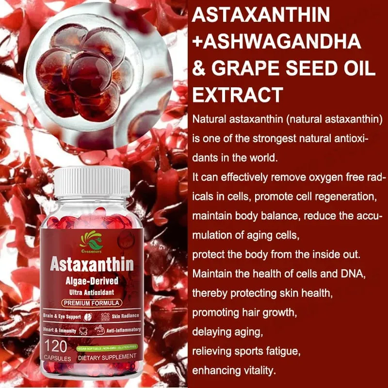 Astaxanthin 12mg Capsules - Protects Brain Cognition and Accelerates Metabolism - Protects Eye Joint and Skin Health