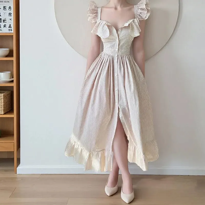 Létající rukávy Pruhované dlouhé šaty Žena Elegantní Jednořadé róby áčkového střihu Dámské elegantní letní šaty Dámské róby Sváteční — image 4