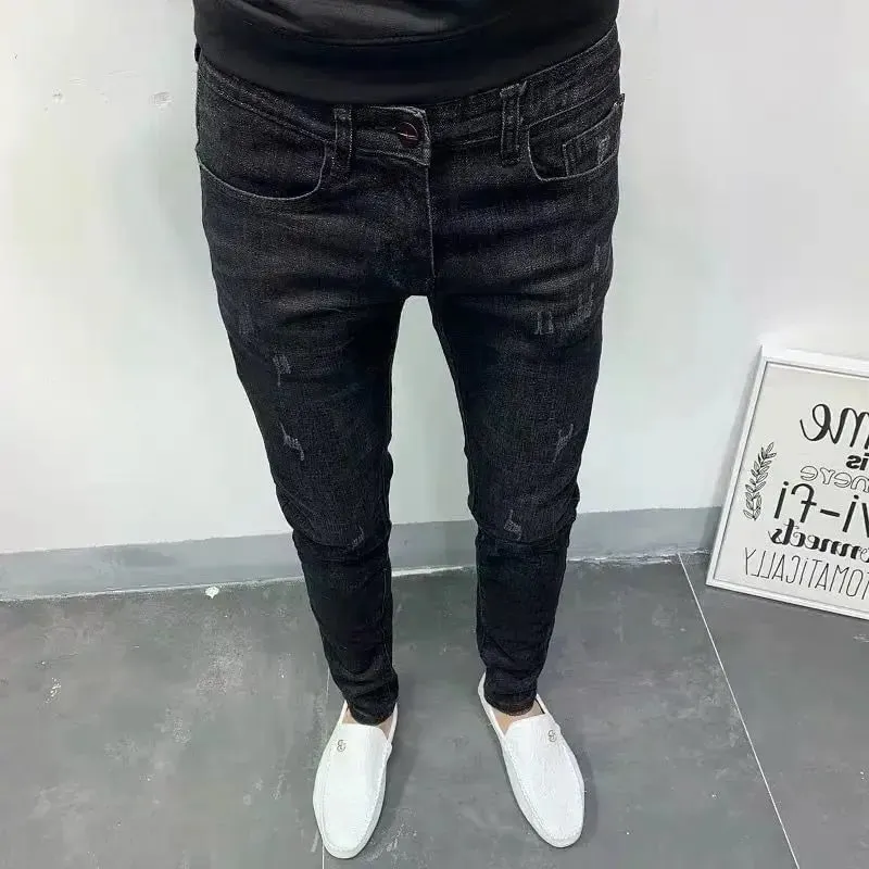 Spring Autumn 2024 Kpop Fashion Men's Denim Jeans Casual Slim Long Pants Korean Solid Black Boyfriend Designer Luxury Jeans — image 2