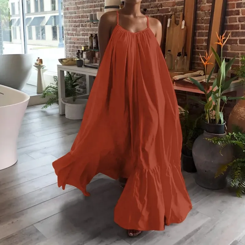 Spring Dress For Women Sexy Solid Strap Dress Pocket Loose Backless Big Swing Dresses Holiday Dresses For Women Wedding Guest
