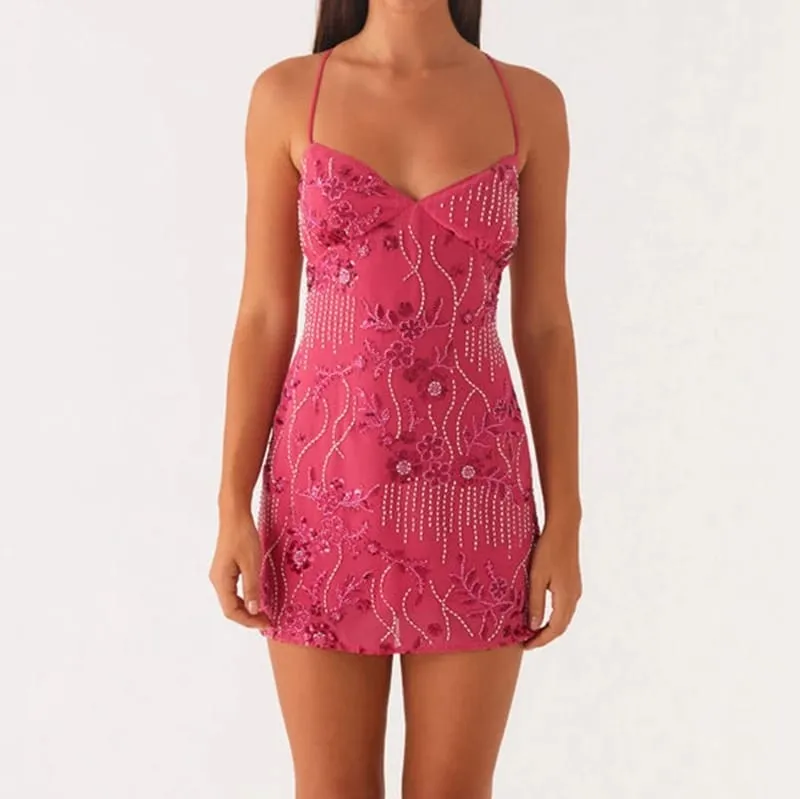 2025 Sequin Beaded Cami Mini Dress Sexy Front V Neckline Sleeveless Short Dresses for Women Backless Criss Cross Straps Dress