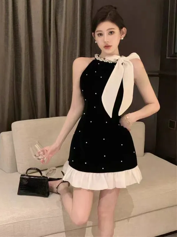 Summer Bow Sweet Party Dress Women Sequin Elegant Strap Mini Dresses Female Korean Fashion Patchwork One Piece Dress 2024 New — image 4