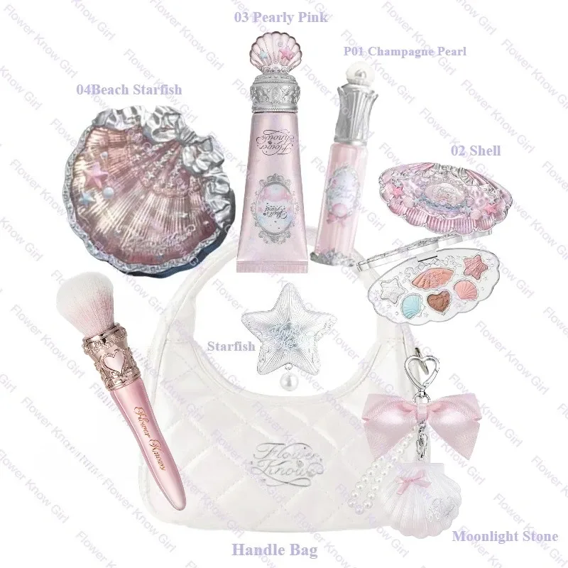 Makeup Flower Knows Shell's Jewel Mermaid Glow Set Eyeshadow Palette Blush Lip Gloss Makeup Bag Matte Glow Shimmer Primer Kit