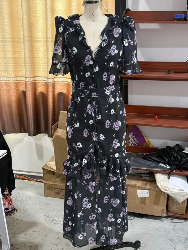 Abito lungo in chiffon con stampa floreale da donna Abito romantico con scollo a V profondo con maniche svolazzanti Abito alto e basso in pizzo 2026 Abito elegante da donna estivo — image 14