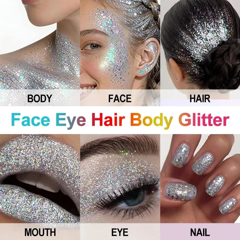 3Pcs Chunky Glitter Set With 3 Double-ended Eyeshadow Brushes For Festival Halloween Party Stage Photoshoot Face Body Makeup
