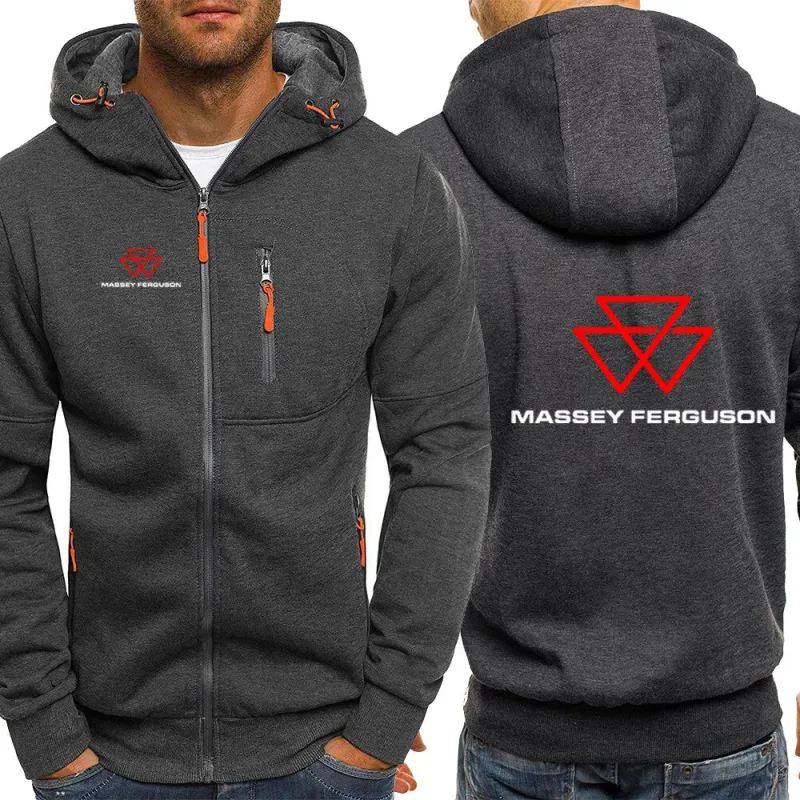 2025 Spring Autumn Massey Ferguson Print Popular Solid Color Zip Hooded Jacket Men's Trendy Comfortable Loose Drawstring Hoodies