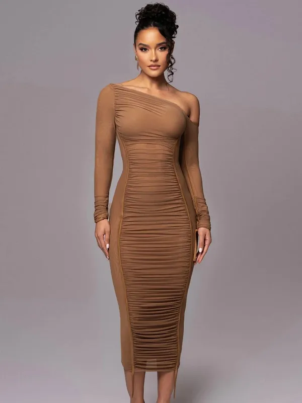 Hugcitar Mesh Solid Diagonal Collar Long Sleeve Draped Sexy See Through Bodycon Maxi Dress Summer Fashion Clothes Festival Club — image 9