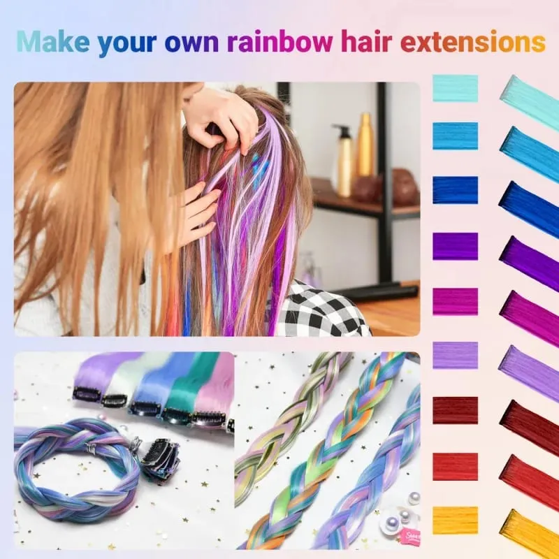 1 5 11 Pcs/lot Clip in Hair Extensions Multi-Colors Highlights Synthetic Hair 22 inch Rainbow Hairpieces for Girls Women Kids — image 3