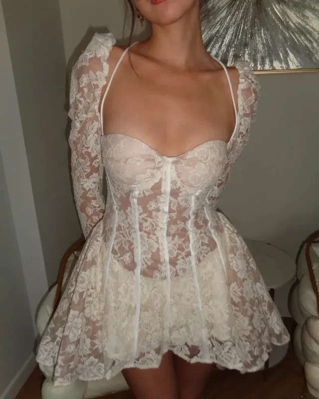 Mini Robe en dentelle blanche à lacets en arête de poisson pour femmes, tenue Chic, dos nu, manches longues, transparente, ligne a, Robe de soirée, 2026 — image 6