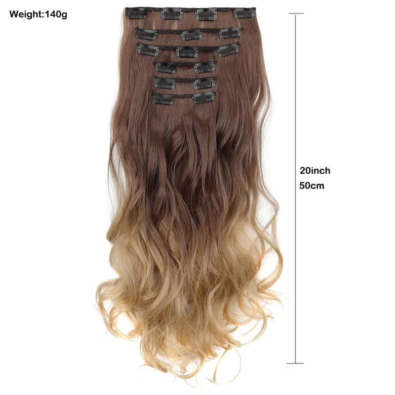 6PCS Set Hair Extensions Clip In Long Wavy Full Head Synthetic Brown Ombre Gradient Color Natural Look Soft For Women — image 2