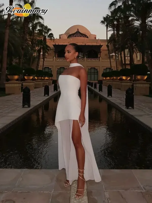 Elegant White Mesh Splicing Slim Women Strapless Dress Chic Scarf Neck Off Shoulder High Waist Long Dresses Lady Party Robes — image 6
