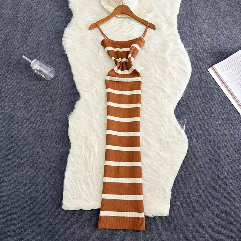 Summer Stripe Elastic Bodycon Strap Kjole 2024 Sexet Strand Solkjole Kvinder Casual Slank Blyant Vestidos Maxi Lang Kjole — image 9