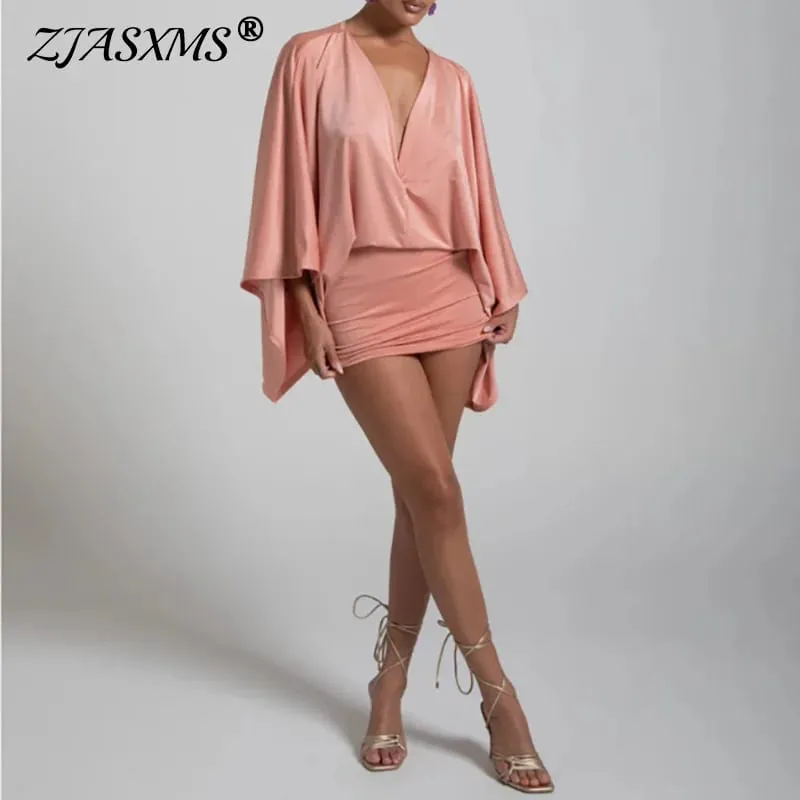 New Autumn Chic Deep V-Neck Boho Dress Retro Solid Spliced Flare Sleeve Prom Dress Spring Woman Club Elegant Slim Fit Mini Dress — image 2