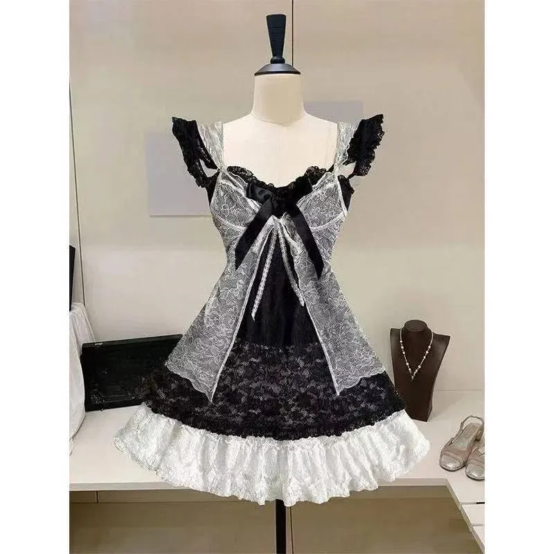Summer New Vintage Elegant Woman Dress Strapless Bow Patchwork High Waist Puffy Mini Dress Female French Chic Sexy Outfits 2025 — image 16
