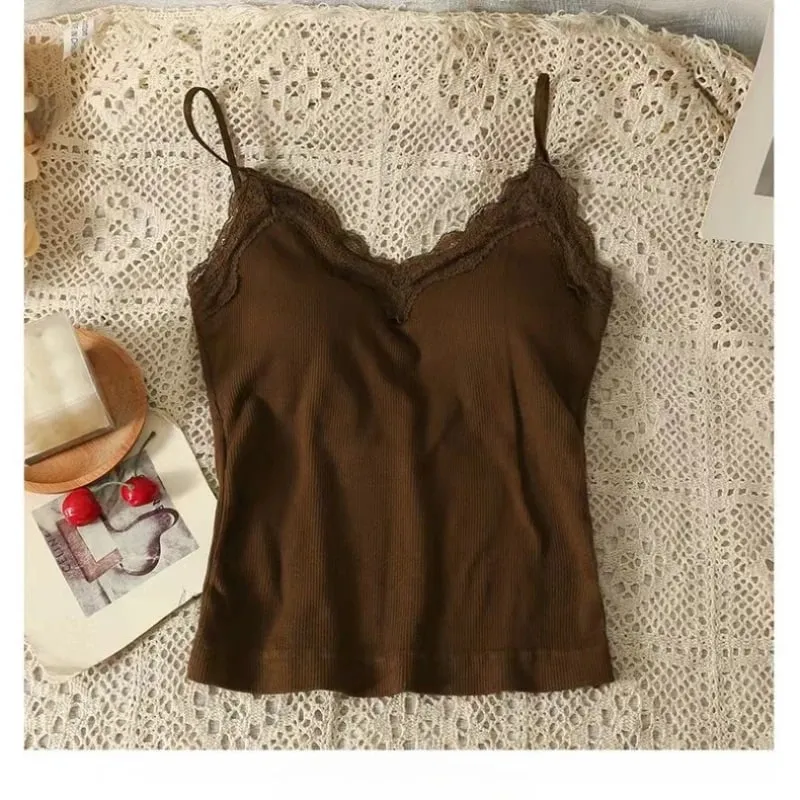 Women Sleeveless Tank Tops Solid Color Korean Version V Neck Slim Fashion Lace Stitching With Chest Pad Camisole