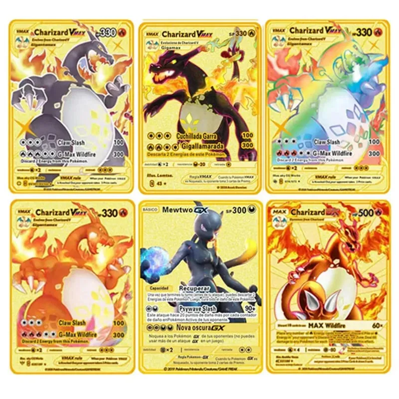 English Version Pokemon Metal Card Anime Figure Pikachu Charizard Mewtwo Battle Trading Game Collection Cards Model Toy Gifts — image 1