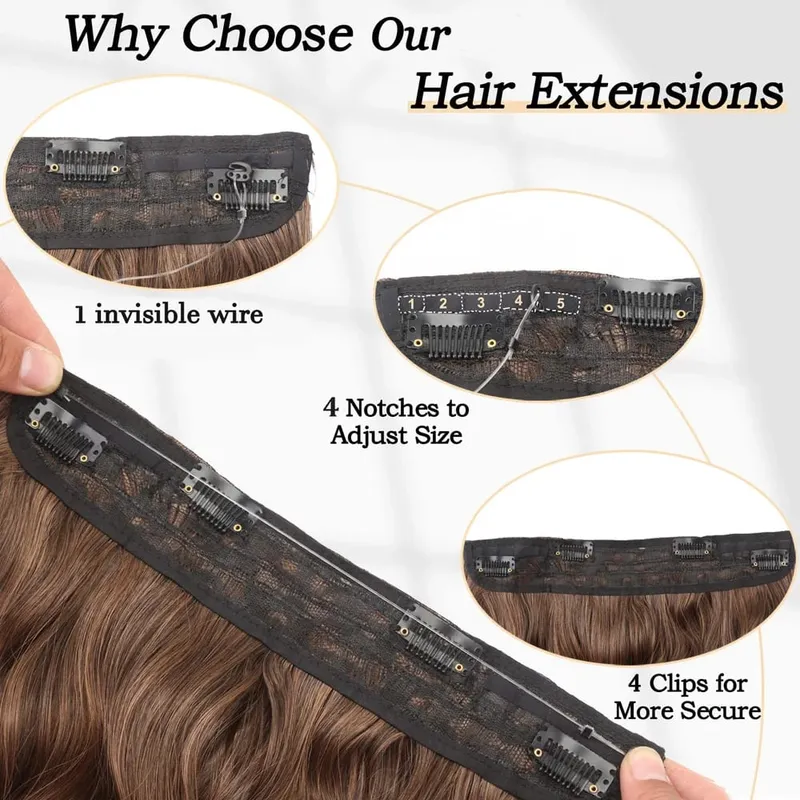 Black Halo Hair Extensions with Invisible Wire Adjustable Size 22inch Long Synthetic Wavy Curly Hairpieces for Women No Clip — image 4
