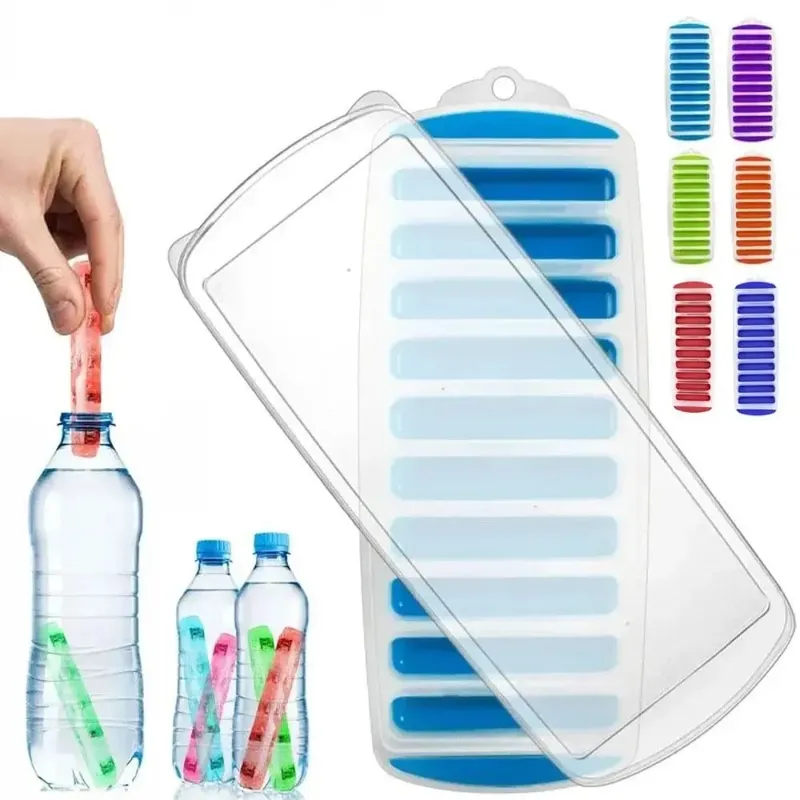 DIY 10 Holes Long Strip Ice Cube Mold with Lid Silicone Ice Cube Tray Homemade Ice Block Mold Cold Drink