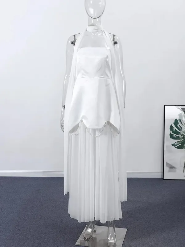 Solid Color Tie Accent Floral Hem Evening Gown Strapless Paneled Pearl Chain 2026 Elegant Women Dress Fashion Chic Lady Vestido