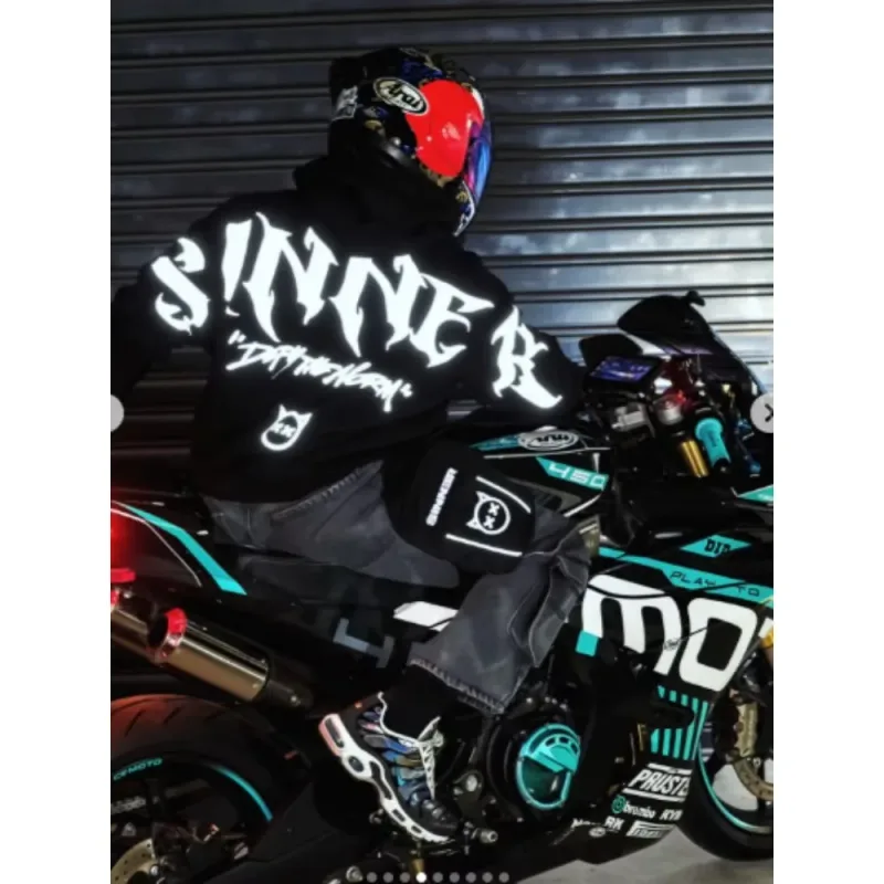 Sweat à capuche surdimensionné imprimé gothique Sinner Defy The Moon pour hommes, Streetwear noir, moto, pull décontracté, sweat-shirt à capuche — image 7