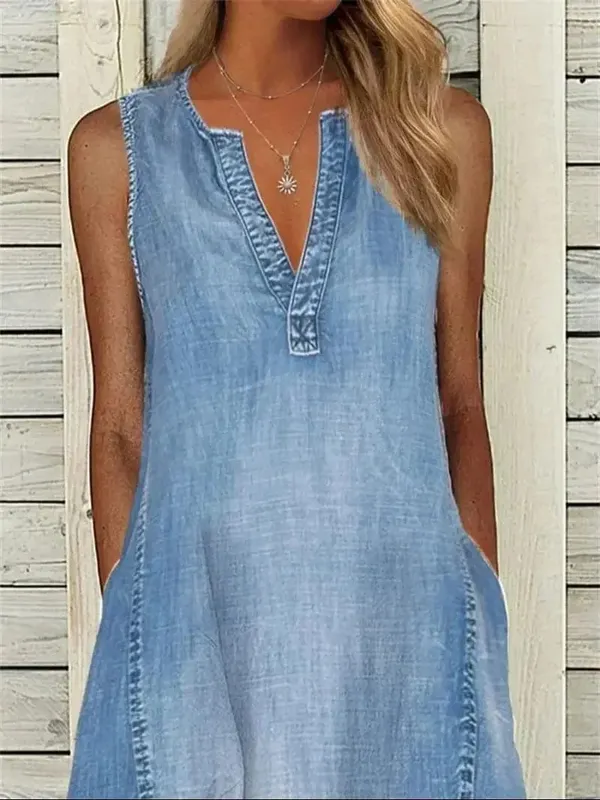 Women Side Double Pocket Deep V Neck Pullover Dress Thin Denim Sleeveless Dresses 2024 Summer Casual Female Office Commuter Gown — image 5