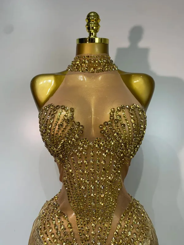 Sexet scenekostume Glitrende Rhinestone Mesh Gennemsigtige pailletter kvast Aften Fødselsdagsfest Natklub Dans Sanger Outfit — image 5