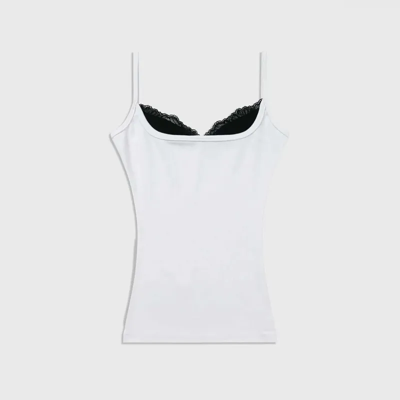 Y2K Hot Girl Solid Color Tank Top with Thin Shoulder Straps Side Lace Splicing Slim Fit Sleeveless Casual Street Strap Top
