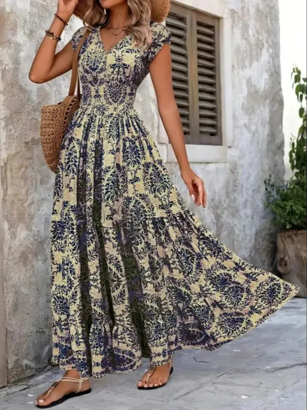 2026 Vintage trykt kjole Moderigtigt og elegant V-hals Kortærmet Jumpsuit Lang nederdel Dametøj — image 7