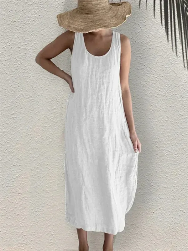 Women Comfortable Casual Cotton Linen Dresses 2026 Summer Solid Color Side Pockets Dress Female O Neck Pullover Sleeveless Gown — image 2