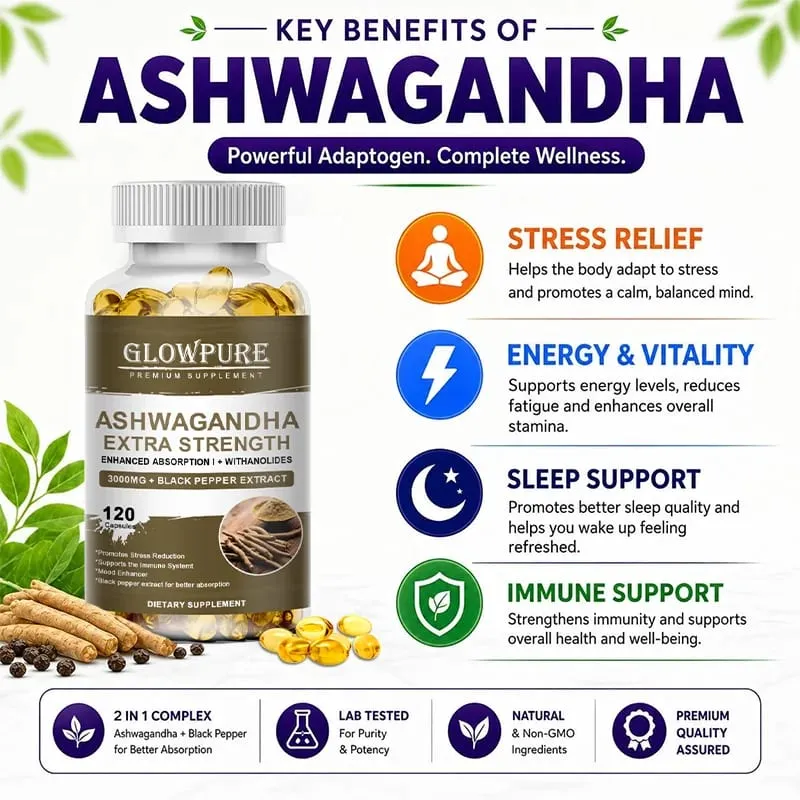 Kapsul Ekstrak Akar Ashwagandha untuk Tenaga Tidur Mood Tekanan dan Suplemen Formula Premium Fokus — image 3