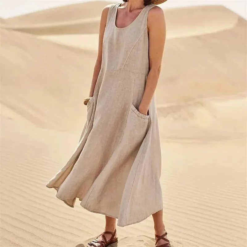 Sleeveless Suspenders Cotton Linen Dress Women Side Double Pocket Splicing Solid Color Dresses Women Summer Casual Commuter Gown