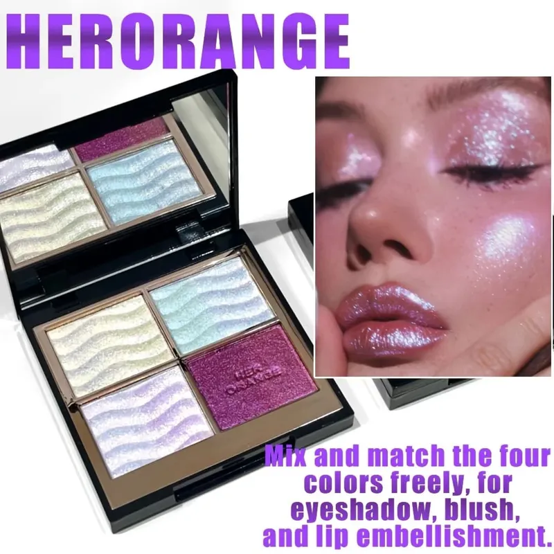 Herorange 4 Color Eyeshadow Palette with Brush Iridescent Glitter Shimmer Multi-Use as Highlight & Blush for Daily Party & Gift — image 3