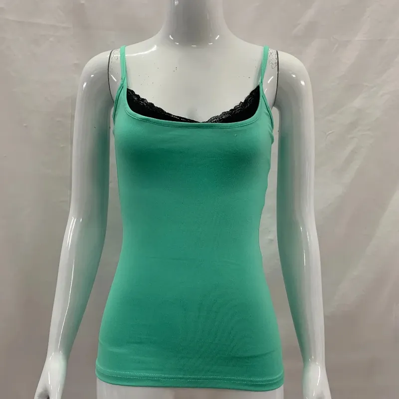 Y2K Hot Girl Solid Color Tank Top with Thin Shoulder Straps Side Lace Splicing Slim Fit Sleeveless Casual Street Strap Top