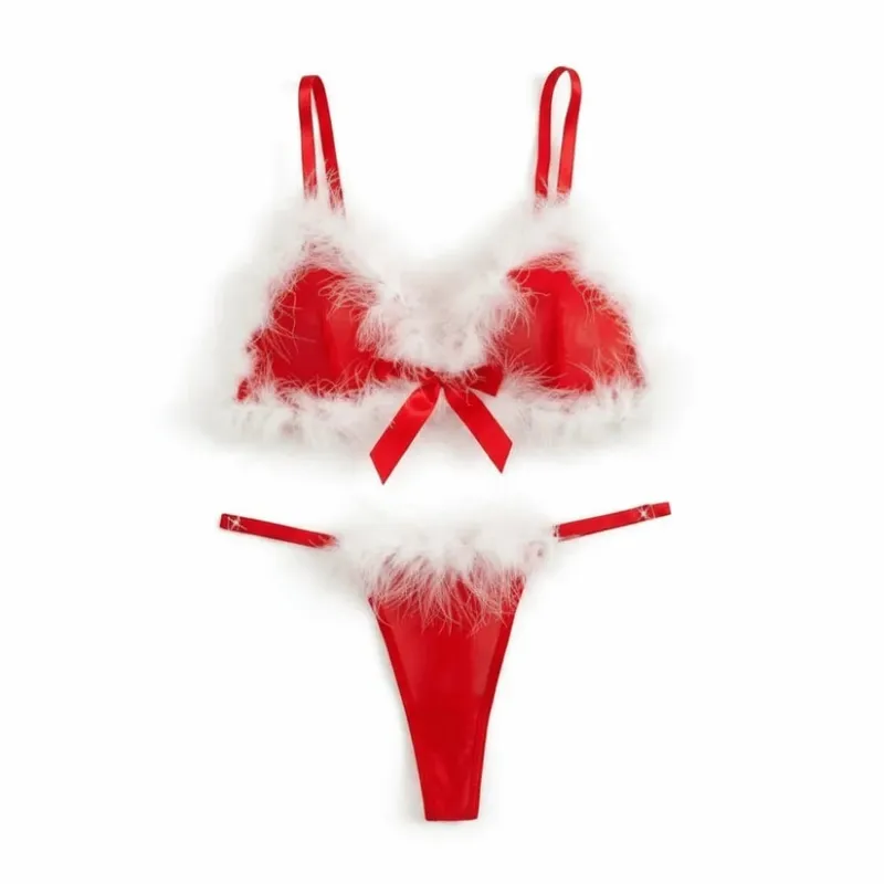 New Year Furry Women's Underwear Mesh Transparent Wireless Lingerie Set Romantic Intimate Bow Decor Bra Panties Suit Anniversary