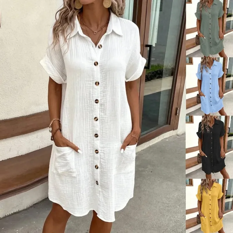 Sexy Button Loose Blouse Dress Summer Female Turn Down Collar Breasted Button Short Sleeve Pocket Beachwear Dresses SZE-ST24056 — image 2