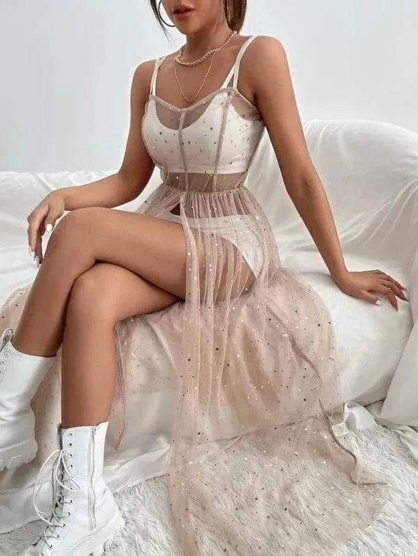 Summer Women Mesh See Through Dress Black Gauze Sequins Suspenders Sundress Beach Bikini Smock Club Partywear — image 8