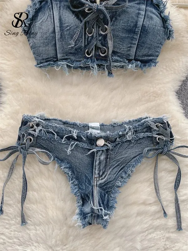 Retro Women Bikini Denim Suits Summer Halter Camis+ Mini Pant Lingerie Fashion Vacation Swimsuits Sexy Bra&Briefs Sets — image 4