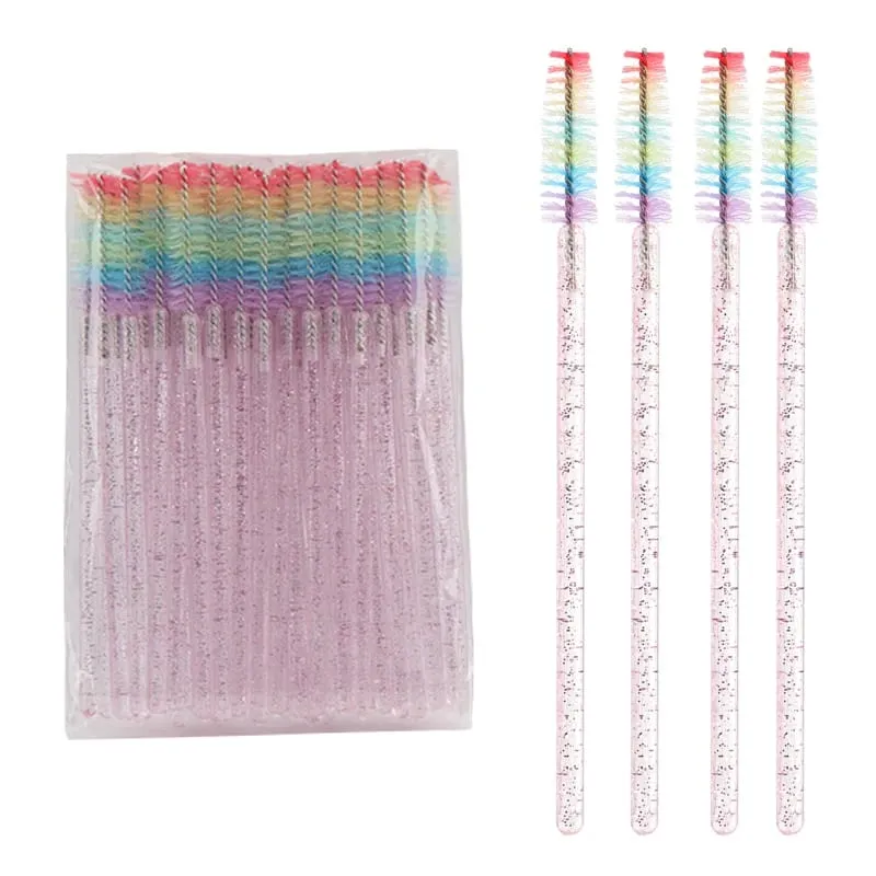 50pcs Disposable Crystal Eyelash Brush Lash Extension Makeup Brushes Mascara Wand Applicator Eyebrow Comb Rainbow Microbrush