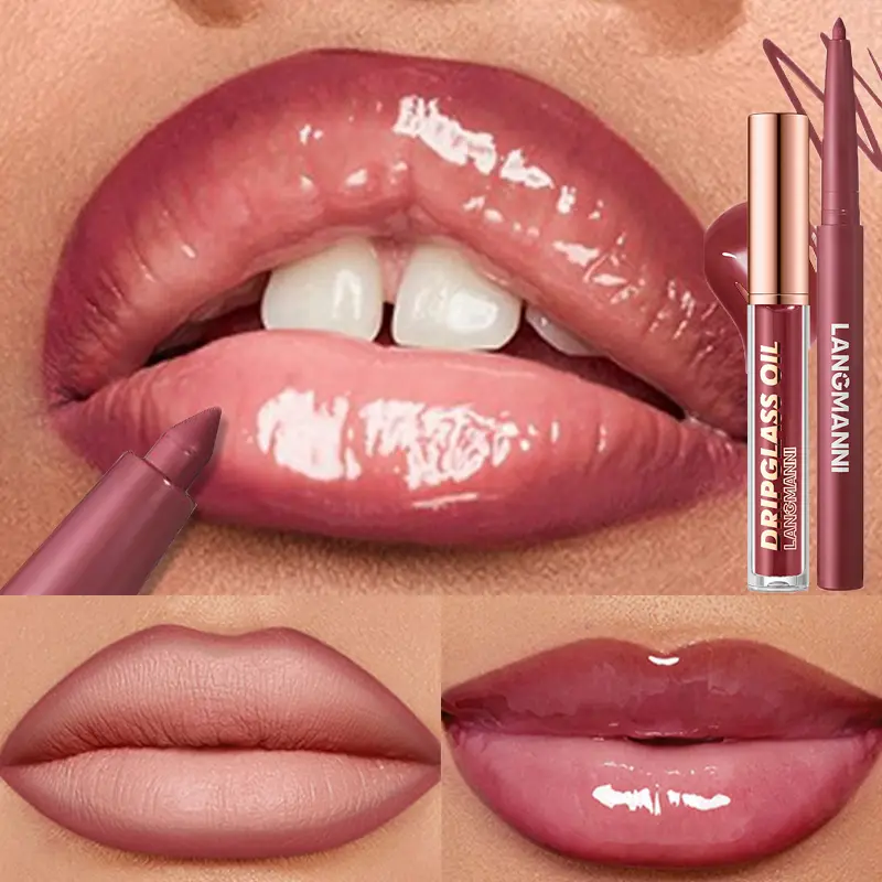 2pcs/box Matte Velvet Lipliner&Mirror Glass Lip Gloss Waterproof Long-Lasting Non-Sticky Purple Brown Liner Lip Combo Makeup Set