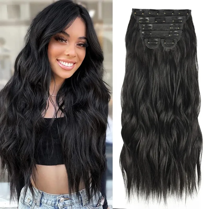 Extensions Long Synthetic Clip In Hair Wavy Clip In Hair Extensions 6Pcs/Set Piece Synthetic Ombre Blonde Brown Thick Hairpieces