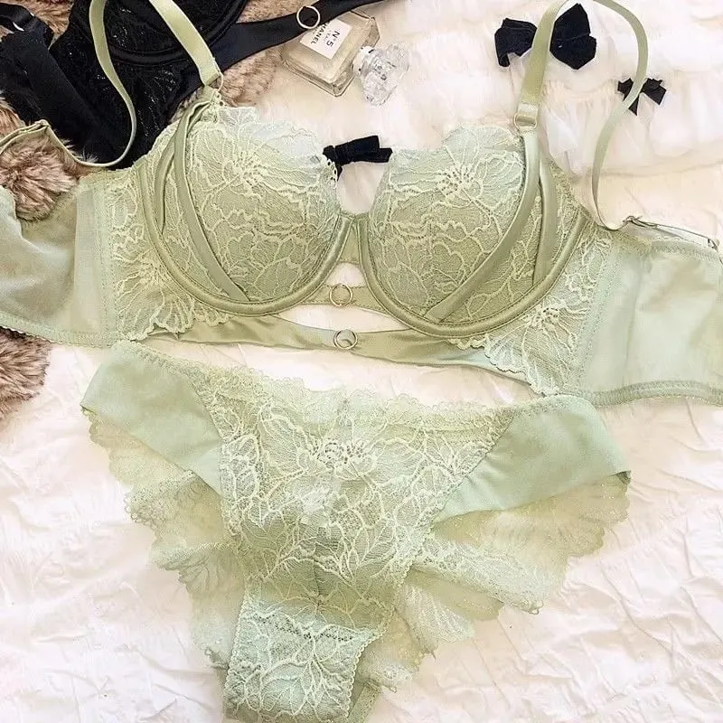 Sexy Hollow Lace Bra Set Large Breasts Gathered Comfortable Soft Steel Ring Top Support Anti-Sagging Breathable Thin Bra Set — image 2