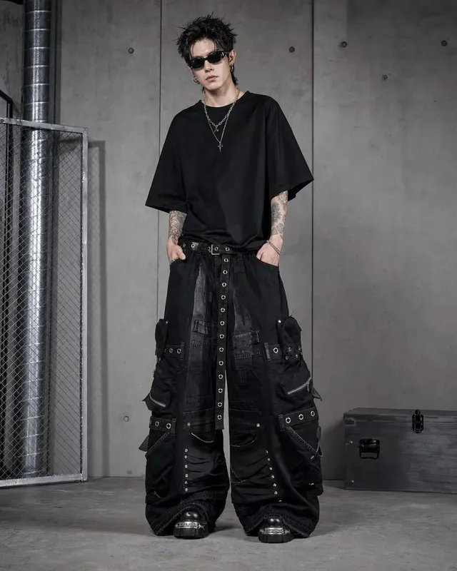Đen Baggy Hàng Quần Jean Nam Nữ Nặng Nhiều Túi Dây Kéo Chi Tiết Dạo Phố Thời Trang Quần Ống Rộng Form Rộng Mềm Mại Y2K — image 2